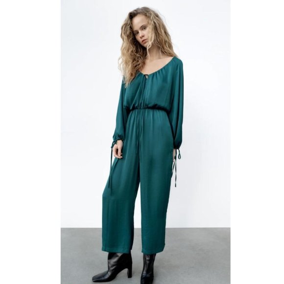 NWT ZARA TEAL SATIN EFFECT V-NECK JUMPSUIT SIZE XL - Picture 3 of 7
